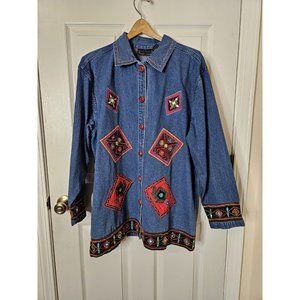Vintage Life Style Denim Jacket 100% Cotton large Embroidered Aztec Indian 90's